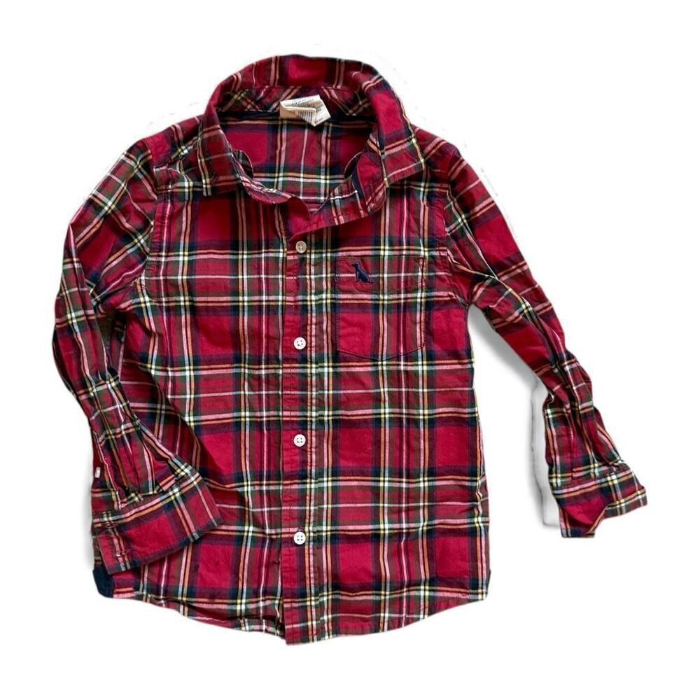 Youth Boys Healthex Red Tartan Plaid Christmas Button Down Shirt - Sz 3T
